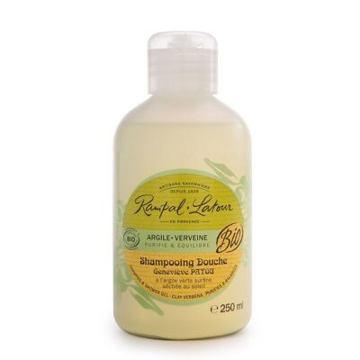 Shampoo-Dusche mit superfeiner grüner Tonerde, in der Sonne getrocknet, Bio- und Ecocert-zertifiziert, runde Flasche 250 ml