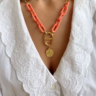 Beach Acrylic Chain, Evil Eye Necklace, Summer Necklace in Fluo Orange Color, Gift for Her, Made in Greece.