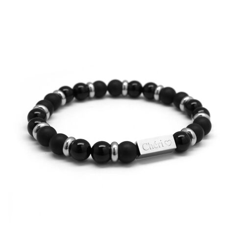 Bracelet perles agates noires - agates noires mates homme - gravure CHERI COEUR