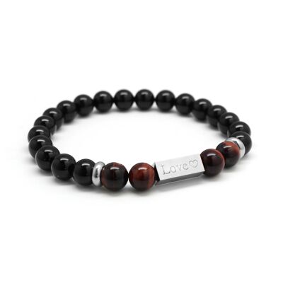 Men's black agate and bull's eye bead bracelet - LOVE HEART engraving