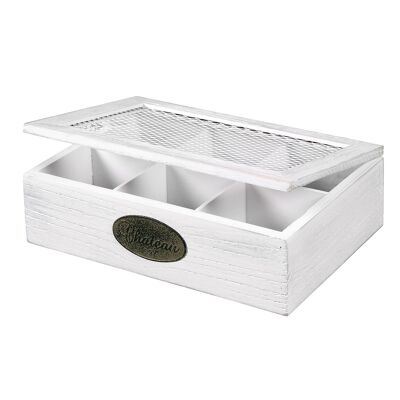 Caja de té de madera 6 compartimentos blanco antiguo