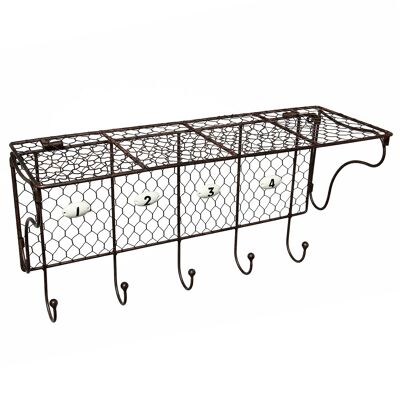 Wire wall shelf with antique brown hooks