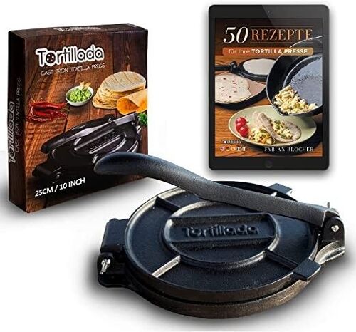 Tortillada - Premium Tortillapresse / Tortilla Presse aus Gusseisen mit Rezepten (25cm) inkl. E-Book mit 50 Tortilla Rezepten