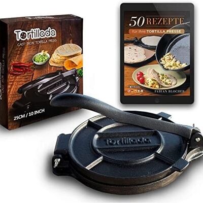 Tortillada - Presse à tortillas premium / presse à tortillas en fonte avec recettes (25cm) y compris e-book avec 50 recettes de tortillas