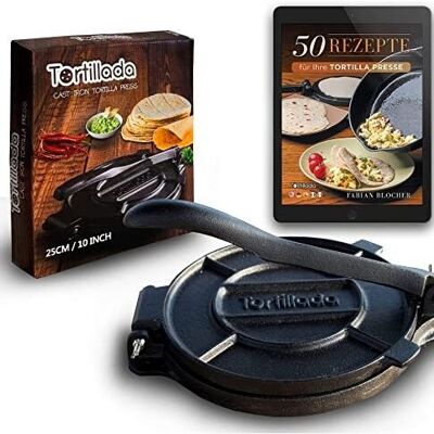 Tortillada - Prensa para tortillas de primera calidad / prensa para tortillas de hierro fundido con recetas (25 cm) incluye libro electrónico con 50 recetas para tortillas