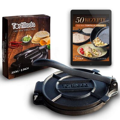 Tortillada - Prensa para tortillas Premium / prensa para tortillas de hierro fundido con recetas (20 cm) incluye libro electrónico con 50 recetas para tortillas