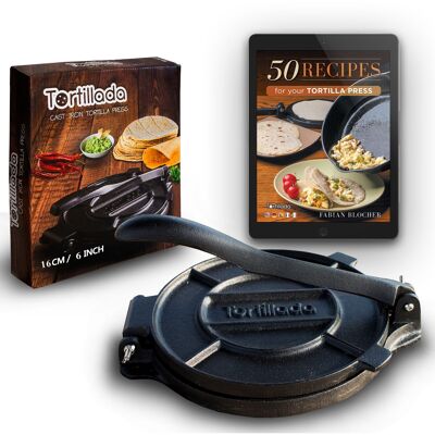 Tortillada - Pressa per tortilla premium / pressa per tortilla in ghisa con ricette (16 cm) incluso e-book con 50 ricette di tortilla
