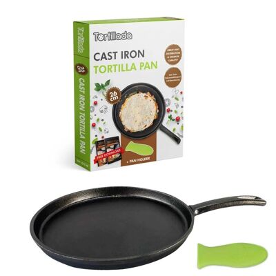 Tortillada - Sartén para tortillas de hierro fundido de 26 cm - tortitas + mango de silicona + libro electrónico con 50 recetas de tortillas