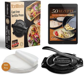 Tortillada – Presse à Tortillas en Fonte / Presse à Tortillas + E-Book avec 50 Recettes de Tortillas + 100 x Papier Parchemin (25cm) 1