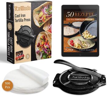Tortillada – Presse à Tortillas en Fonte / Presse à Tortillas + E-Book avec 50 Recettes de Tortillas + 100 x Papier Parchemin (20cm) 1