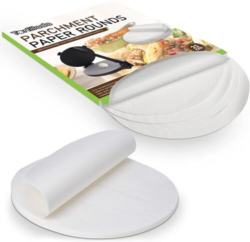 Tortillada – 200 Stück vorgeschnittene Backpapierbögen / Pergamentpapier Zuschnitte rund (20cm)