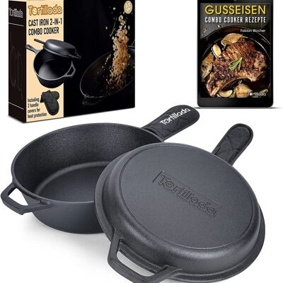 Tortillada - Combo cuisinière 2 en 1 en fonte / Dutch Oven (3,5 litres) + poêle en fonte (26 cm) + couvercle de poignée + e-book avec 50 recettes