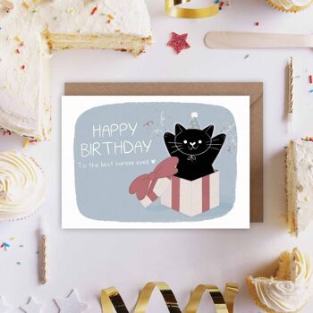 Carte anniversaire - chat et boite cadeau