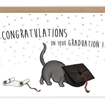 Biglietto di congratulazioni per la laurea - un gatto sotto il cappello