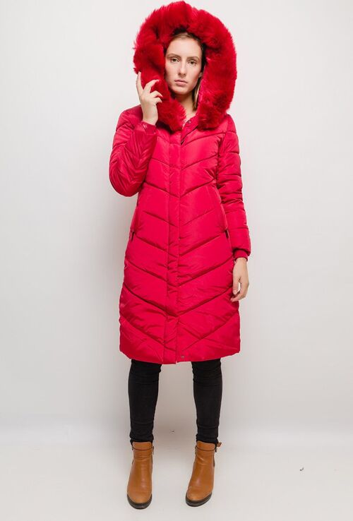 Manteau long à capuche avec fourrure LAURA rouge   Rouge