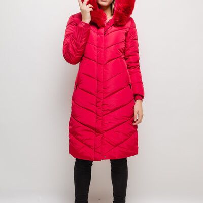 Manteau long à capuche avec fourrure LAURA rouge   Rouge