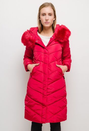 Manteau long à capuche avec fourrure LAURA rouge   Rouge 2