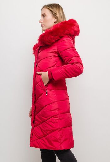 Manteau long à capuche avec fourrure LAURA rouge   Rouge 4