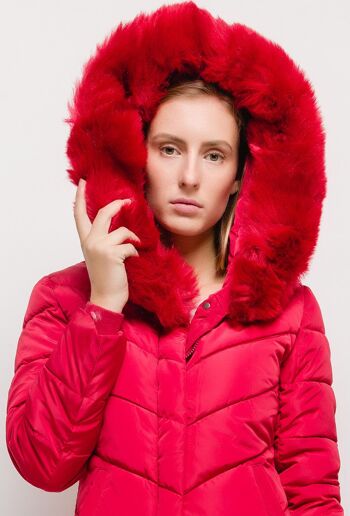 Manteau long à capuche avec fourrure LAURA rouge   Rouge 5