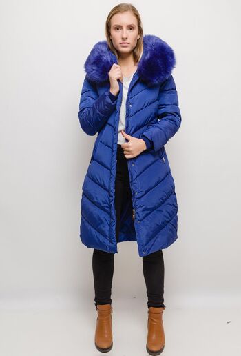 Manteau long à capuche avec fourrure LAURA rouge   Bleu 1