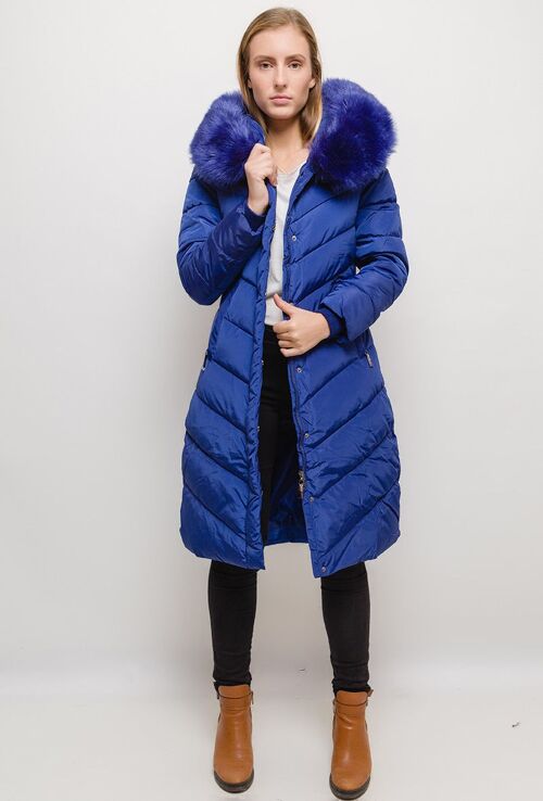 Manteau long à capuche avec fourrure LAURA bleu   Bleu