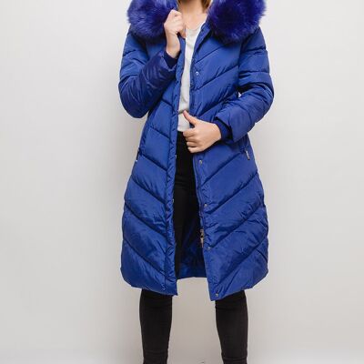 Manteau long à capuche avec fourrure LAURA bleu   Bleu