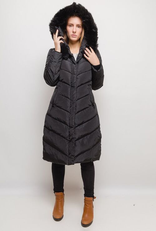 Manteau long à capuche avec fourrure LAURA bleu   Noir