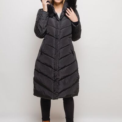 Manteau long à capuche avec fourrure LAURA noir   Noir