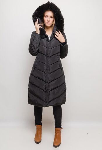 Manteau long à capuche avec fourrure LAURA noir   Noir 1
