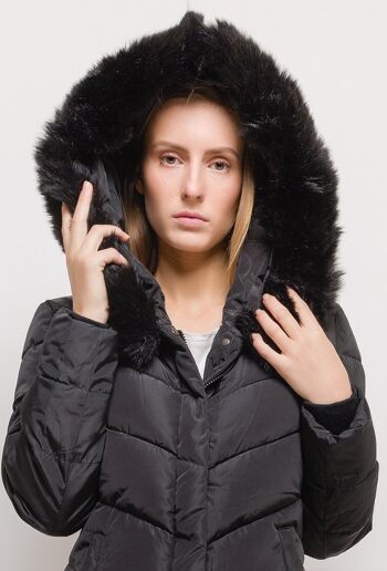 Manteau long à capuche avec fourrure LAURA noir   Noir 4