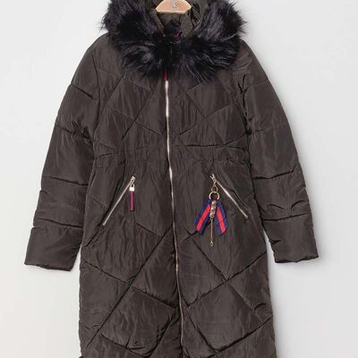Manteau long à capuche avec fourrure BELLA kaki   Noir
