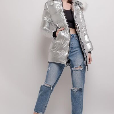 Iridescent down jacket with fur hood SILVIA dark silver SILVER