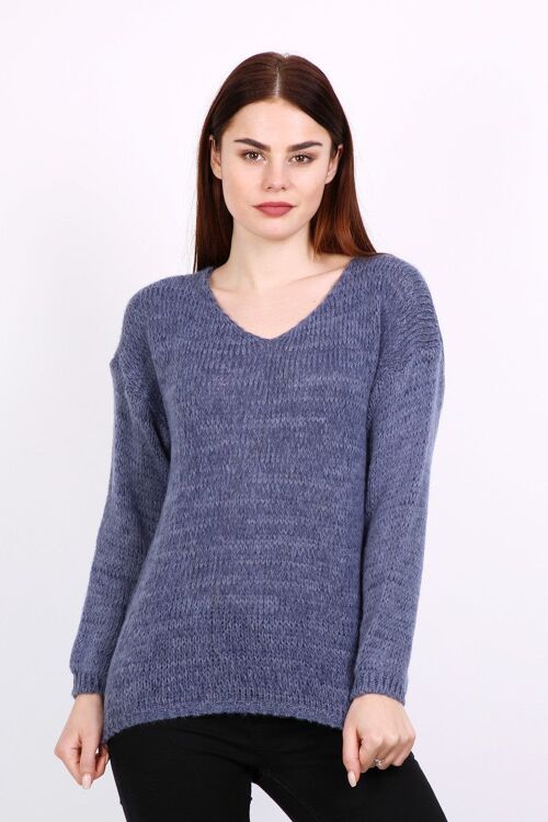 Pull col V SELENA à manches longues gris   Bleu