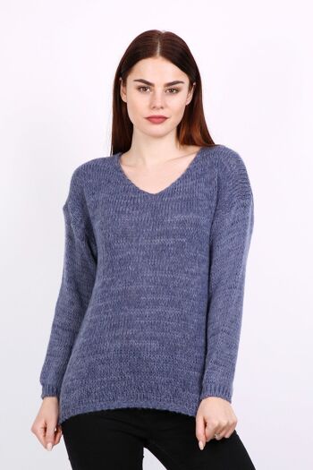 Pull col V SELENA à manches longues gris   Bleu 1