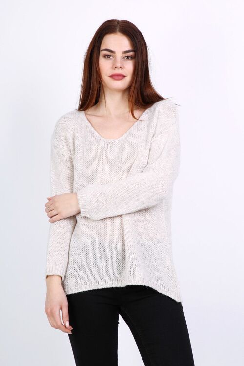 Pull col V SELENA à manches longues vert   Beige