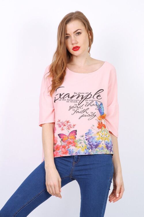 Top EXAMPLE manches mi longue Bleu   Rose