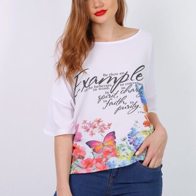 Top EXAMPLE manches mi longue Rose   Blanc