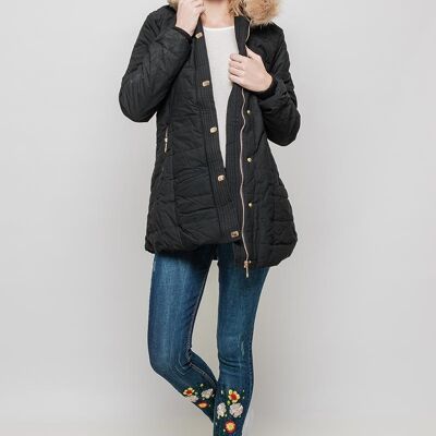 Cappotto di media lunghezza con cappuccio e pelliccia CAROL beige Nero