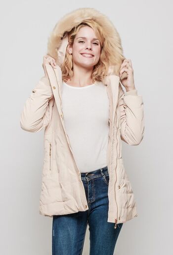 Manteau mi long à capuche avec fourrure CAROL beige   Noir 2