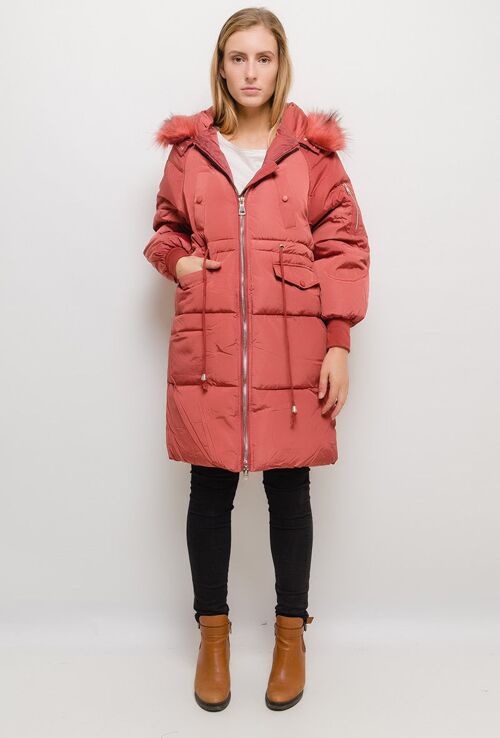 Manteau long à capuche avec fourrure CLARA kaki   Saumon