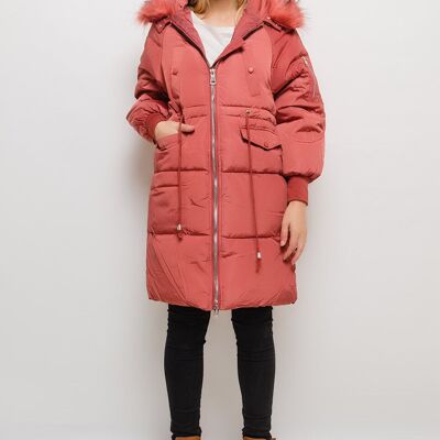 Manteau long à capuche avec fourrure CLARA kaki   Saumon