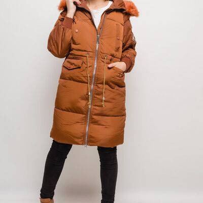 Long hooded coat with fur CLARA khaki Camel