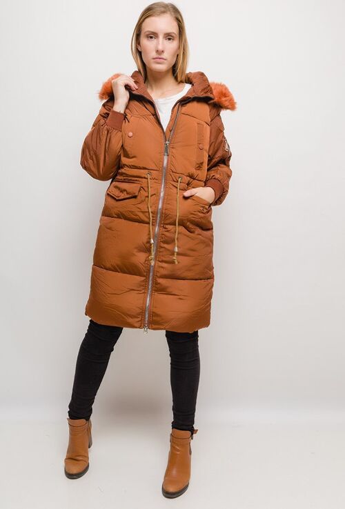 Manteau long à capuche avec fourrure CLARA camel   Camel