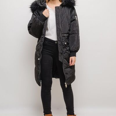 Long hooded coat with salmon CLARA fur Black