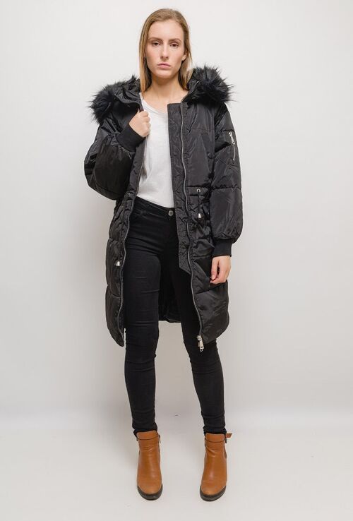 Manteau long à capuche avec fourrure CLARA noir   Noir