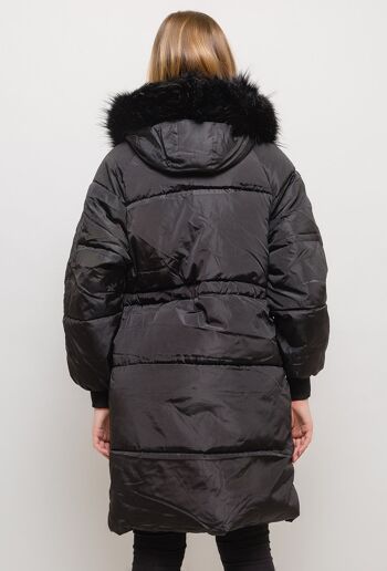 Manteau long à capuche avec fourrure CLARA noir   Saumon 3