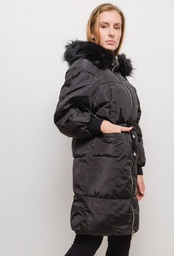 Manteau long à capuche avec fourrure CLARA noir   Saumon 4