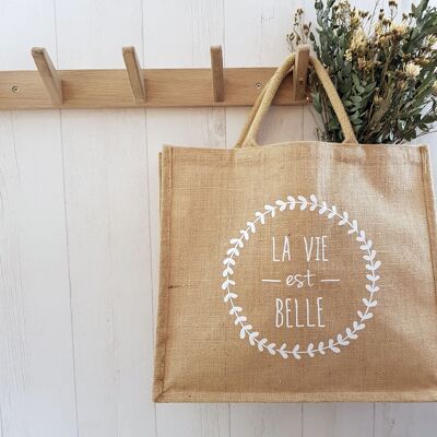 "Life is beautiful" XL burlap tote