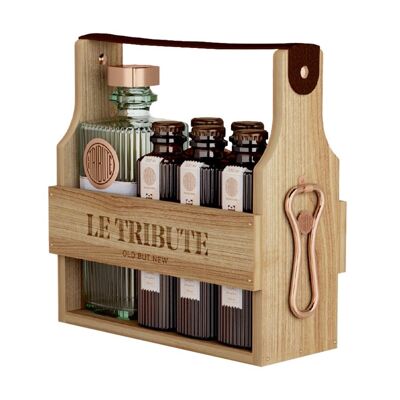Le Tribute Gin Premium Gift Box DE (scatola di legno +1x Gin 70cl + 6xTonic 20cl in confezione di legno con apribottiglie in rame)
