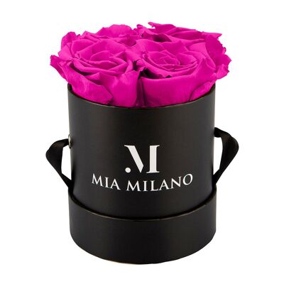 Caja de rosas negra con cuatro rosas infinitas - hot pink